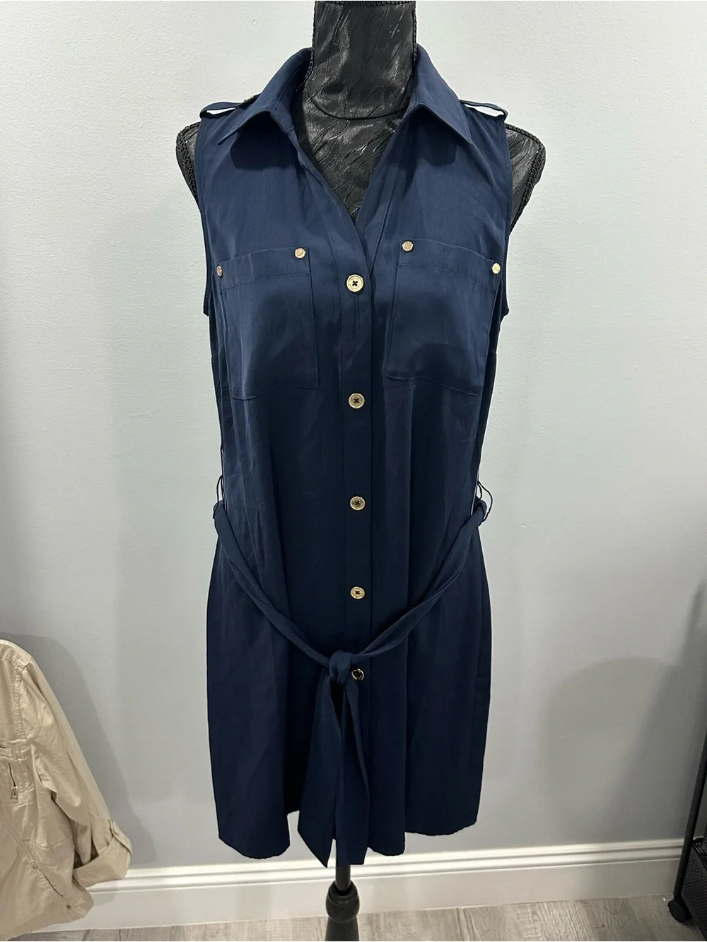 Michael Kors Sleeveless Navy Trench Dress with Gold Buttons size S